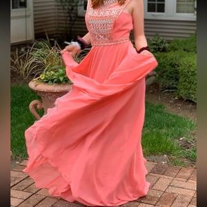 CORAL / PINK BACKLESS PROM DRESS size XS - Includes bag of extra gems!